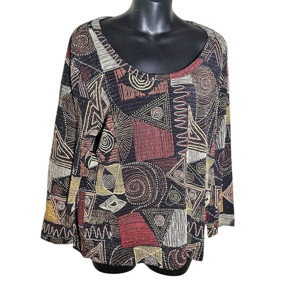 CHICO’S DESIGN Women’s Pullover Top  Black Rust Mustard Metallic Geo Size 3 - Picture 1 of 8